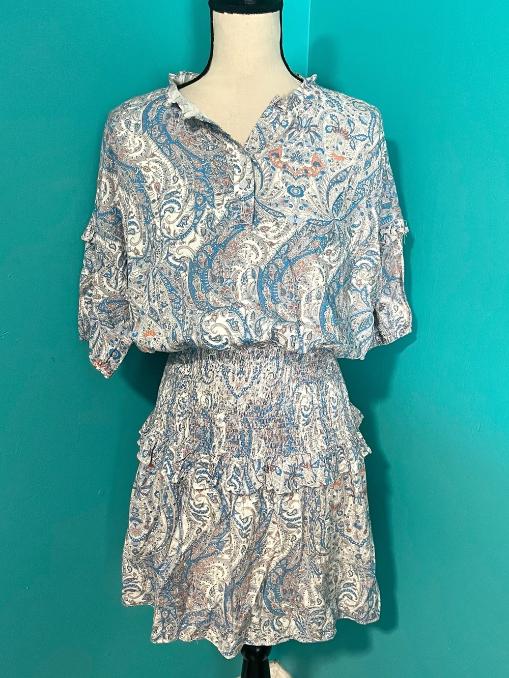 Yakira Bella M Blue Orange Paisley Print Smocked Waist Ruffle Dress